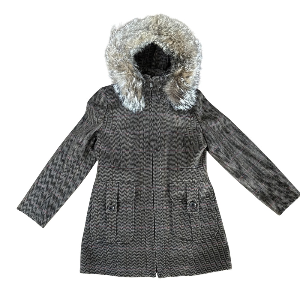 Anne Klein Virgin Wool Herringbone Plaid Coat Coyote Fur Hood 4 Brown vintage